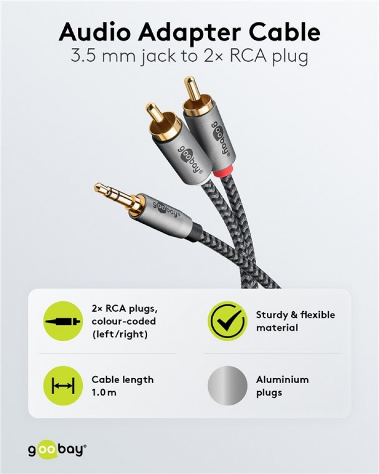 Goobay Audioadapterkabel AUX, 3,5 mm jack til stereo RCA-plugg, 1 m Pawl 3,5 mm plugg (3-pinners, stereo) > 2x RCA-plugg (lyd venstre/høyre)
