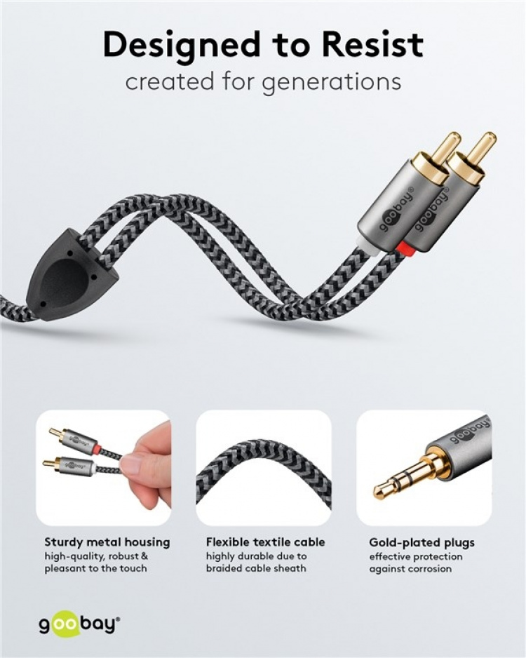 Goobay Audioadapterkabel AUX, 3,5 mm jack til stereo RCA-plugg, 1 m Pawl 3,5 mm plugg (3-pinners, stereo) > 2x RCA-plugg (lyd venstre/høyre)