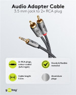 Goobay Lydadapterkabel AUX, 3,5 mm jack til stereo RCA-plugg, 5 m, 3,5 mm plugg (3-pinners, stereo) > 2 x RCA-plugg (lyd venstre/høyre)