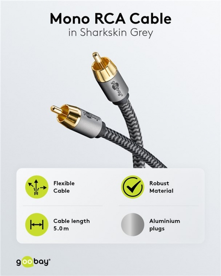 Goobay Mono RCA-kabel, 5 m RCA-plugg (basshøyttaler, senter) > RCA-plugg (basshøyttaler, senter)