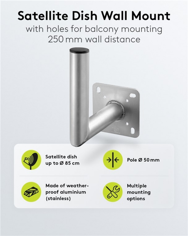 Goobay Veggbrakett i aluminium for parabolantenne, avstand til vegg 250 mm Veggbrakett av høy kvalitet for parabolantenne laget av rustfritt og værbestandig aluminium