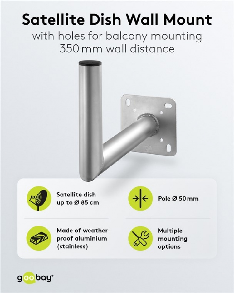 Goobay Veggfeste for parabolantenne i aluminium, avstand til vegg 350 mm Veggfeste for parabolantenne i rustfritt og værbestandig aluminium av høy kvalitet Goobay Veggfeste for parabolantenne i aluminium, avstand til vegg 350 mm Veggfeste for parabolantenne i rustfritt og værbestandig aluminium av høy kvalitet