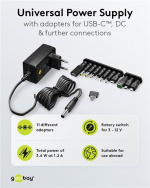 Goobay Universell strømforsyning 3 V - 12 V, maks. 3,6 W inkl. 11 adaptere: 7 DC-adaptere pluss USB-C™, USB-A, USB Mini-B, Micro-USB og rekkeklemme