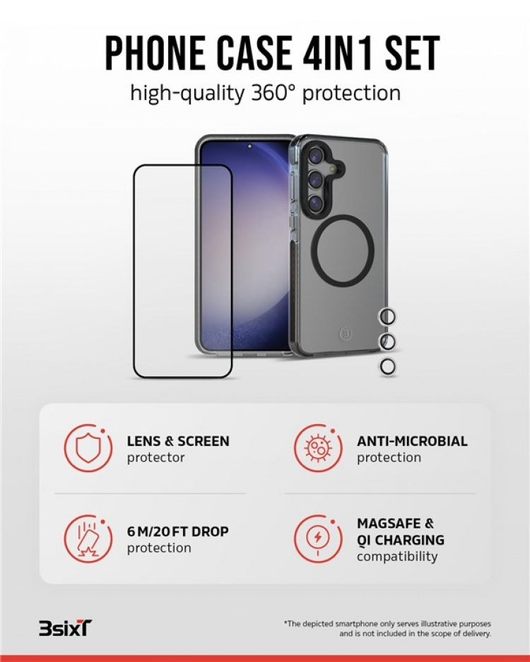 3SIXT 4in1 Protection Bundle mobilskall, skjermbeskytter, kamerabeskytter og stressfri applikator, kompatibel med Samsung Galaxy S24+, gjennomsiktig 3SIXT 4in1 Protection Bundle mobilskall, skjermbeskytter, kamerabeskytter og stressfri applikator, kompatibel med Samsung Galaxy S24+, gjennomsiktig