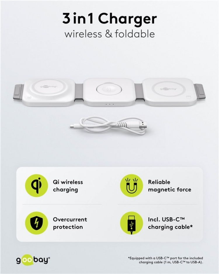 Goobay 3in1 trådløs lader, sammenleggbar, 15 W trådløs lading av opptil 3 enheter samtidig