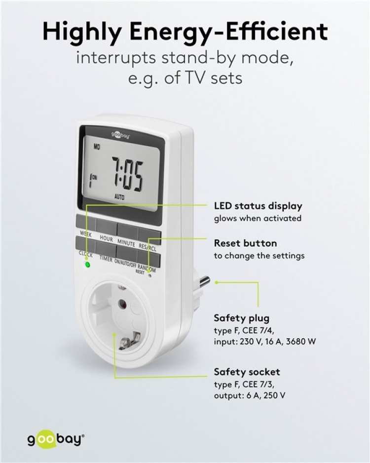 Goobay Digitalt programmerbart tidsur med kontakt med jording (type F)