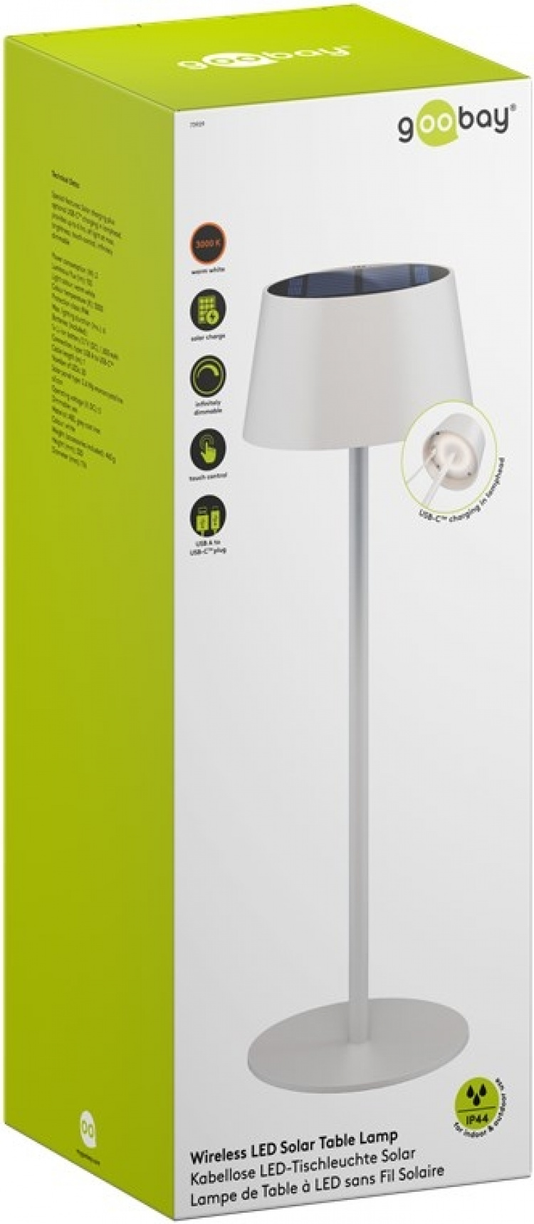 Goobay Trådløs solcelledrevet LED-bordlampe, hvit med berøringskontroll, 150 lm, varmhvit (3000 K), trinnløst dimbar Goobay Trådløs solcelledrevet LED-bordlampe, hvit med berøringskontroll, 150 lm, varmhvit (3000 K), trinnløst dimbar