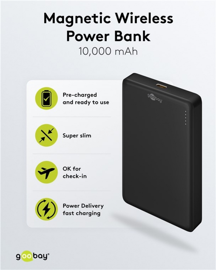 Goobay Magnetisk trådløs powerbank på 10 000 mAh festes magnetisk på baksiden av mobiltelefonen, perfekt for samtidig lading og telefonsamtaler