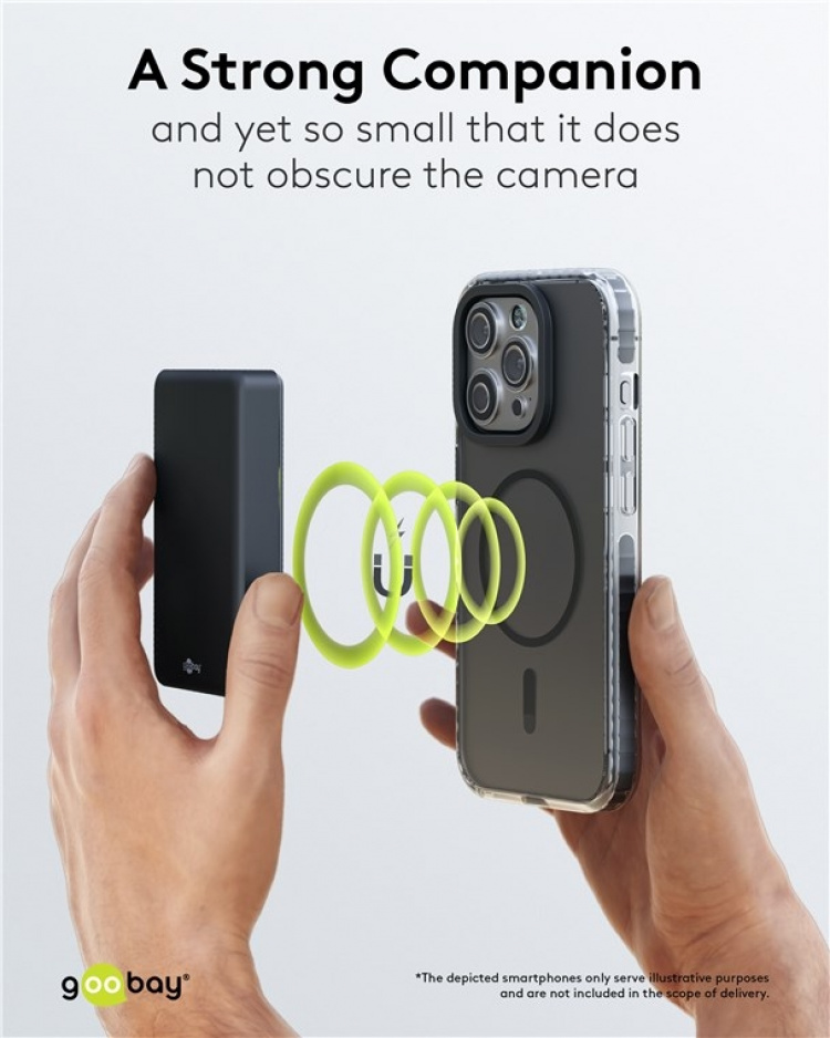 Goobay Magnetisk trådløs powerbank på 10 000 mAh festes magnetisk på baksiden av mobiltelefonen, perfekt for samtidig lading og telefonsamtaler