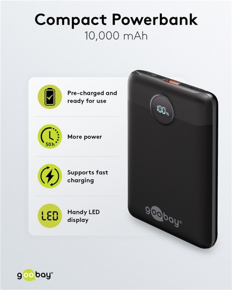 Goobay Powerbank compact 10.000 mAh praktisk og plassbesparende design med 10.000 mAh, ideell for reiser