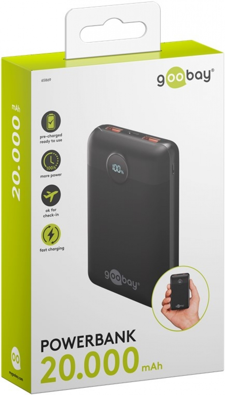 Goobay Powerbank 20.000 mAh ultrakompakt powerbank med Power Delivery og Quick Charge for hurtiglading