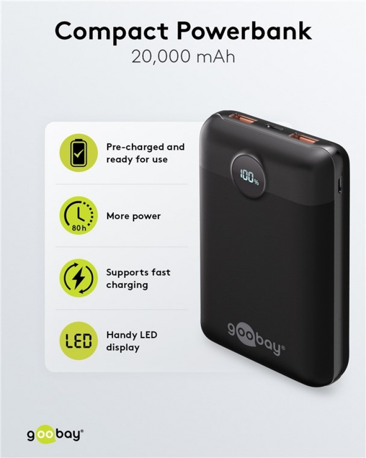 Goobay Powerbank 20.000 mAh ultrakompakt powerbank med Power Delivery og Quick Charge for hurtiglading