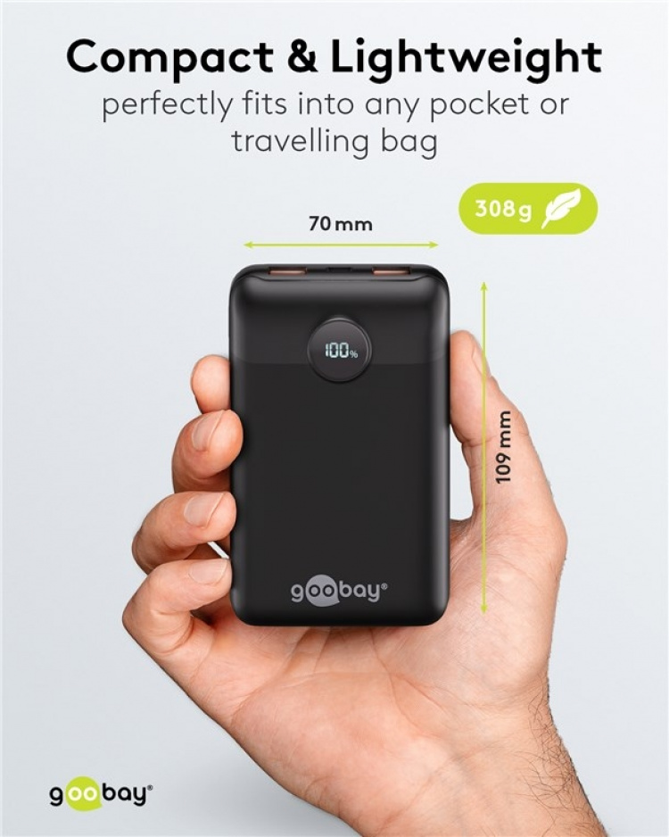 Goobay Powerbank 20.000 mAh ultrakompakt powerbank med Power Delivery og Quick Charge for hurtiglading