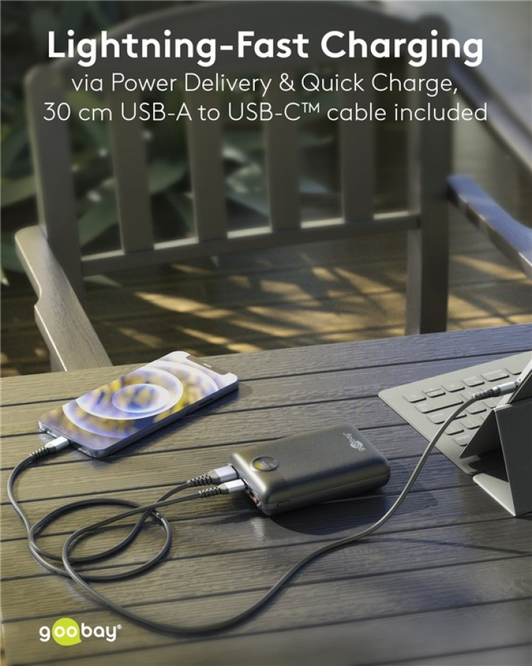Goobay Powerbank 20.000 mAh ultrakompakt powerbank med Power Delivery og Quick Charge for hurtiglading