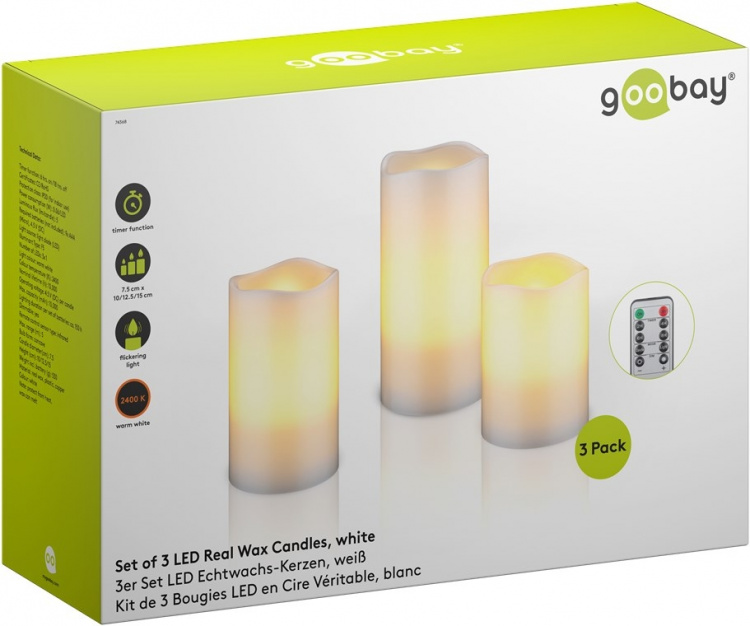 Goobay 3-pack LED-ljus av äkta vax, vita med timerfunktion och fjärrkontroll, dimbar, batteridriven