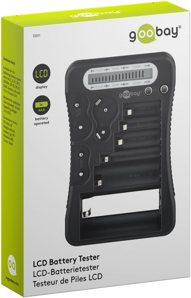 Goobay Batteritester med LCD-display for standard- og fotobatterier og alle vanlige knappceller