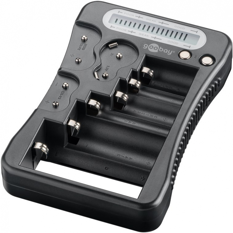 Goobay Batteritester med LCD-display for standard- og fotobatterier og alle vanlige knappceller