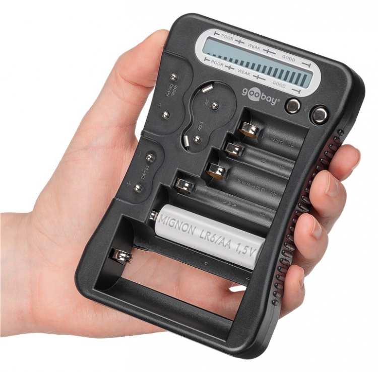 Goobay Batteritester med LCD-display for standard- og fotobatterier og alle vanlige knappceller