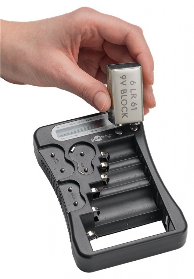 Goobay Batteritester med LCD-display for standard- og fotobatterier og alle vanlige knappceller