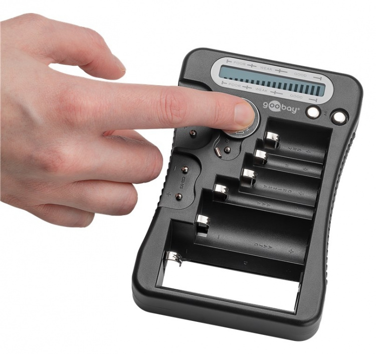 Goobay Batteritester med LCD-display for standard- og fotobatterier og alle vanlige knappceller