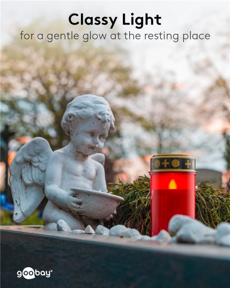 Goobay LED gravlys med timer, rød varmhvit (2400 K), batteridrevet (2x C/LR14), for innendørs og utendørs bruk (IP44)