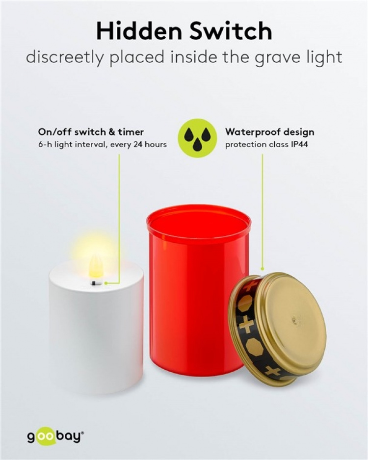 Goobay LED gravlys med timer, rød varmhvit (2400 K), batteridrevet (2x C/LR14), for innendørs og utendørs bruk (IP44)