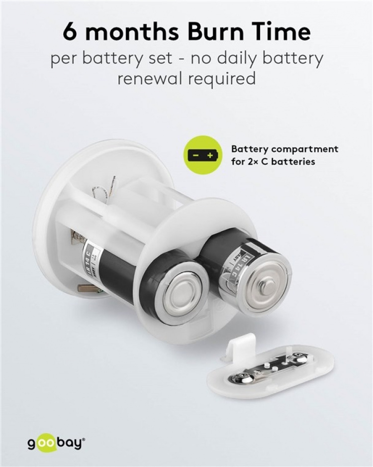 Goobay LED gravlys med timer, rød varmhvit (2400 K), batteridrevet (2x C/LR14), for innendørs og utendørs bruk (IP44)