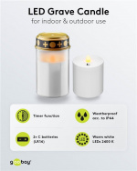 Goobay LED gravlys med timer, varmhvit (2400 K), batteridrevet (2x C/LR14), for innendørs og utendørs bruk (IP44)