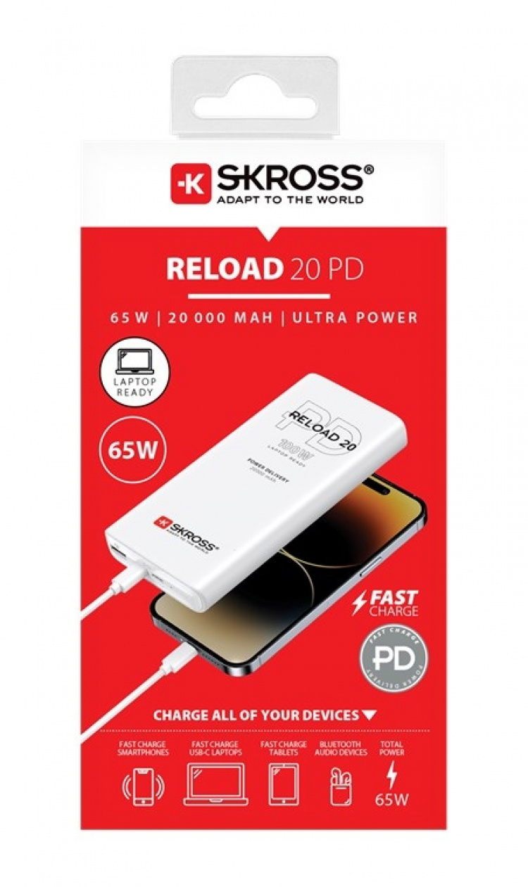 SKROSS Powerbank Reload 20 PD 65 W praktisk ekstrabatteri med Power Delivery og Quick Charge for hurtiglading SKROSS Powerbank Reload 20 PD 65 W praktisk ekstrabatteri med Power Delivery og Quick Charge for hurtiglading