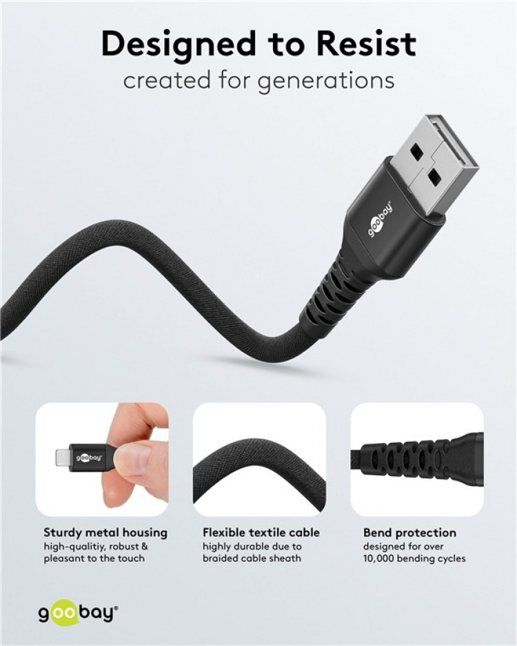 Goobay Lightning-USB-A supermyk tekstilkabel med metallkontakter, 0,5 m, svart MFi-sertifisert, elegant og ekstra robust lade- og synkroniseringskabel for Apple iPhone/iPad (svart)