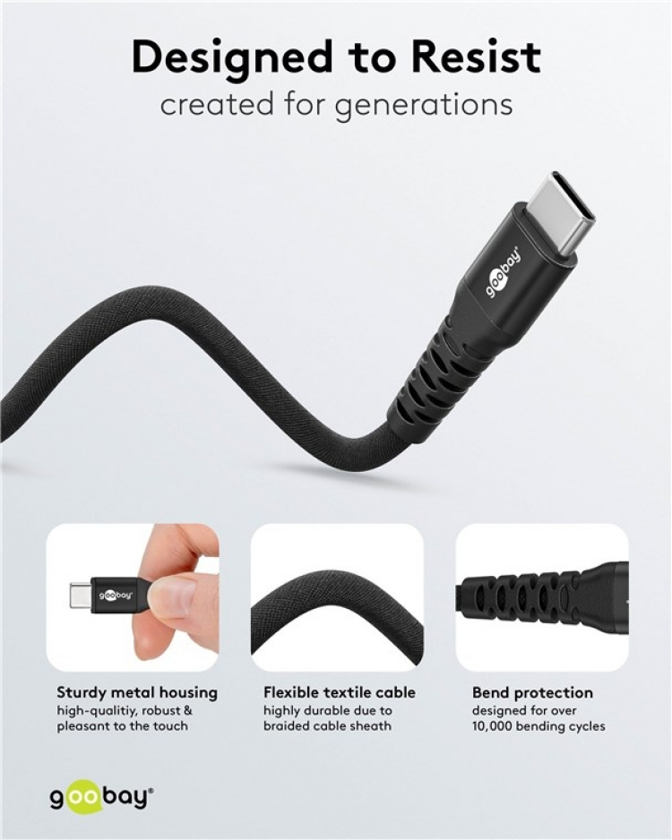 Goobay USB-C™ supermyk tekstilkabel med metallkontakter, 2 m, svart Elegant og ekstra robust tilkoblingskabel for enheter med USB-C™-port