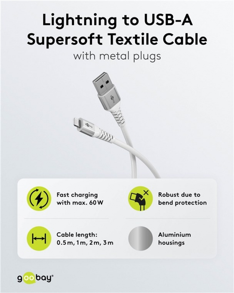 Goobay Lightning-USB-A supermyk tekstilkabel med metallkontakter, 2 m, hvit MFi-sertifisert, elegant og ekstra robust lade- og synkroniseringskabel for Apple iPhone/iPad (hvit)
