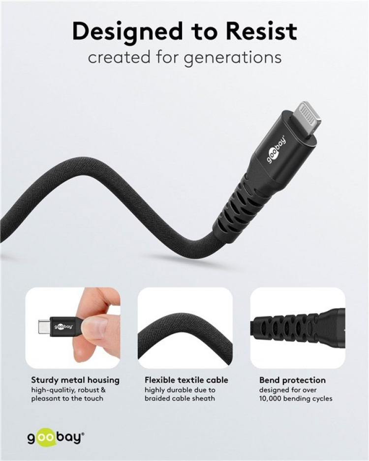 Goobay Lightning-USB-C™ supermyk tekstilkabel med metallkontakter, 3 m, svart MFi-sertifisert, elegant og ekstra robust lade- og synkroniseringskabel for Apple iPhone/iPad (svart)