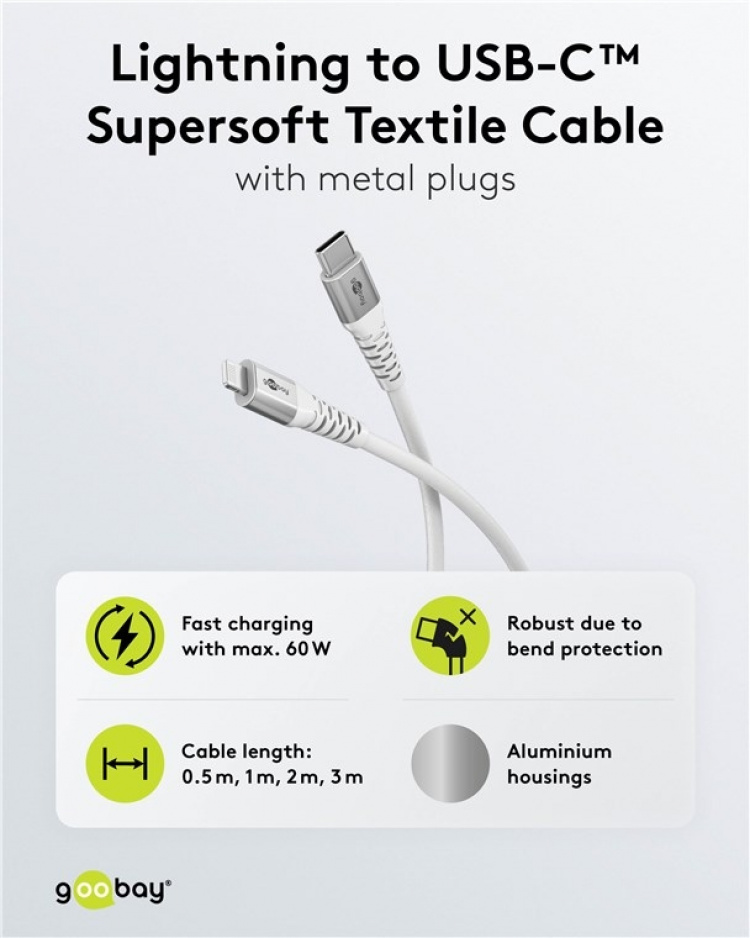Goobay Lightning-USB-C™ supermyk tekstilkabel med metallkontakter, 1 m, hvit MFi-sertifisert, elegant og ekstra robust lade- og synkroniseringskabel for Apple iPhone/iPad (hvit)