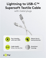 Goobay Lightning-USB-C™ supermyk tekstilkabel med metallkontakter, 3 m, hvit MFi-sertifisert, elegant og ekstra robust lade- og synkroniseringskabel for Apple iPhone/iPad (hvit)