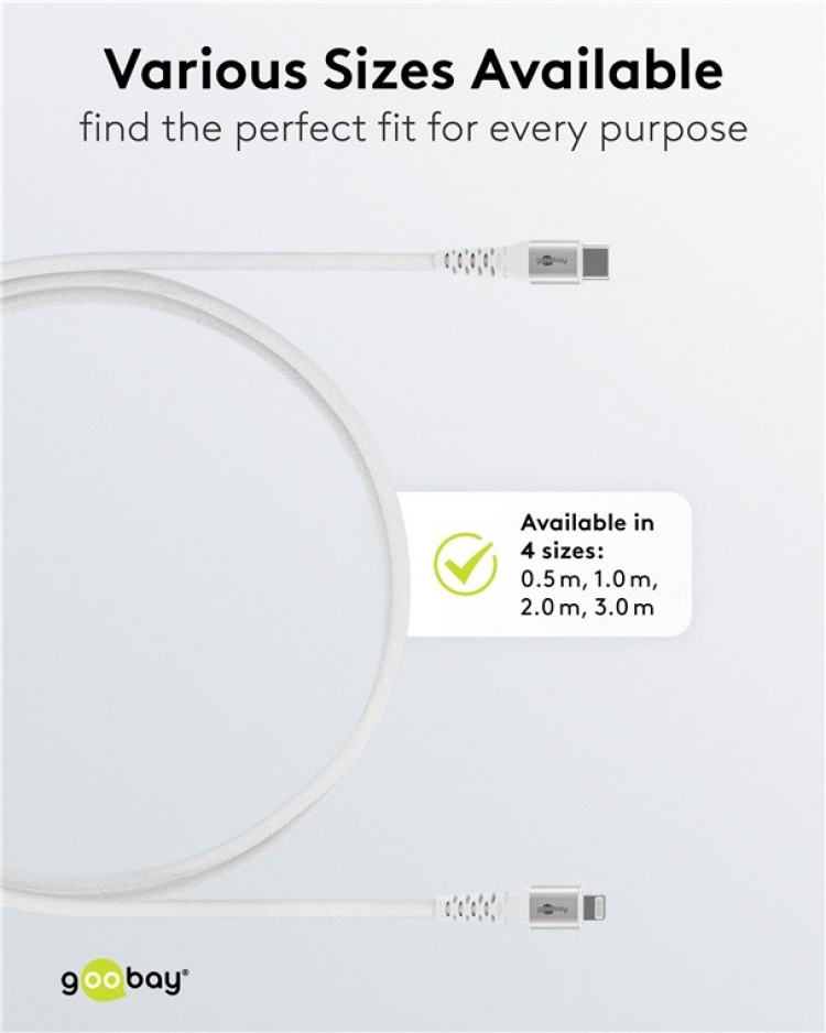 Goobay Lightning-USB-C™ supermyk tekstilkabel med metallkontakter, 3 m, hvit MFi-sertifisert, elegant og ekstra robust lade- og synkroniseringskabel for Apple iPhone/iPad (hvit)