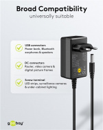 Goobay Universell strømforsyning 5 V - 15 V, maks. 36 W / 2,4 A) inkl. 11 adaptere: 7 DC-adaptere pluss USB-C™, USB-A, USB Mini-B, Micro-USB og rekkeklemme