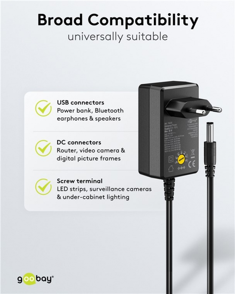 Goobay Universell strømforsyning 5 V - 15 V, maks. 36 W / 2,4 A) inkl. 11 adaptere: 7 DC-adaptere pluss USB-C™, USB-A, USB Mini-B, Micro-USB og rekkeklemme