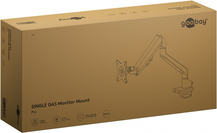 Goobay Enkelt skjermfeste med gassfjær, svart, for skjermer fra 17 til 32 tommer (43 - 81 cm), maks. 9 kg, enkel snap-in-montering av armene