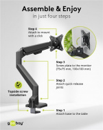 Goobay Enkelt skjermfeste med gassfjær, svart, for skjermer fra 17 til 32 tommer (43 - 81 cm), maks. 9 kg, enkel snap-in-montering av armene