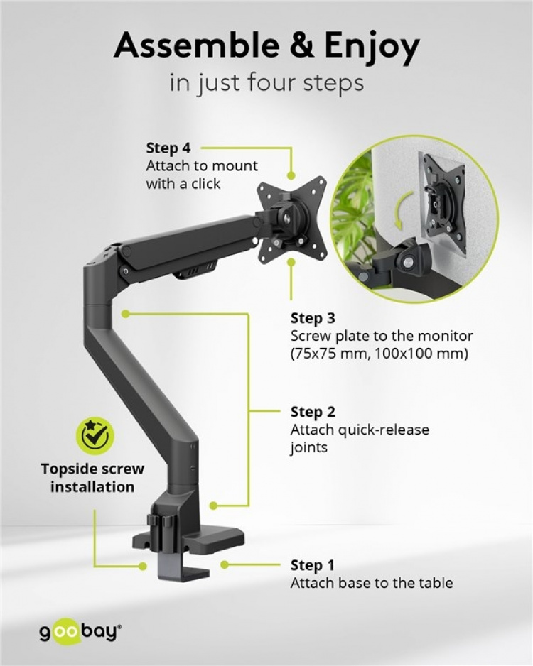 Goobay Enkelt skjermfeste med gassfjær, svart, for skjermer fra 17 til 32 tommer (43 - 81 cm), maks. 9 kg, enkel snap-in-montering av armene