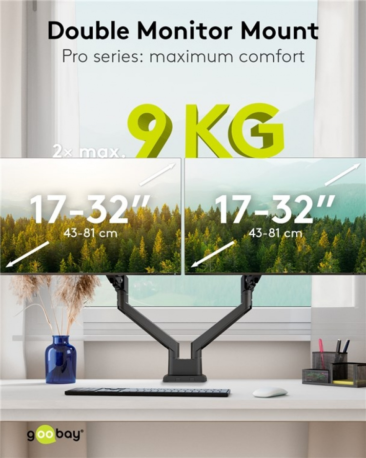 Goobay Dubbel skärmfäste med gasfjäder, svart för bildskärmar från 17 till 32 tum (43 - 81 cm), max. 9 kg per bildskärm, enkel snap-in-montering av armarna Goobay Dubbel skärmfäste med gasfjäder, svart för bildskärmar från 17 till 32 tum (43 - 81 cm), max. 9 kg per bildskärm, enkel snap-in-montering av armarna