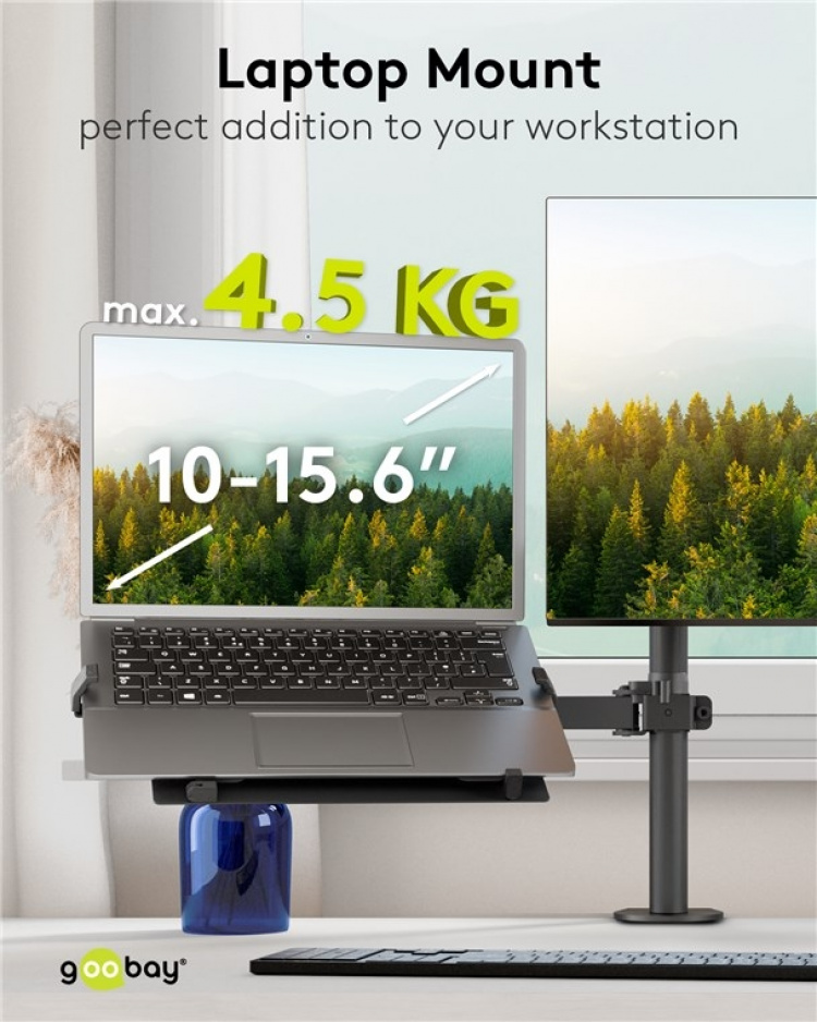 Goobay Laptop-feste for monitorarm, svart, for bærbare datamaskiner fra 10 til 15,6 tommer (25 - 40 cm), maks. 4,5 kg, for montering på en skjermbrakett Goobay Laptop-feste for monitorarm, svart, for bærbare datamaskiner fra 10 til 15,6 tommer (25 - 40 cm), maks. 4,5 kg, for montering på en skjermbrakett