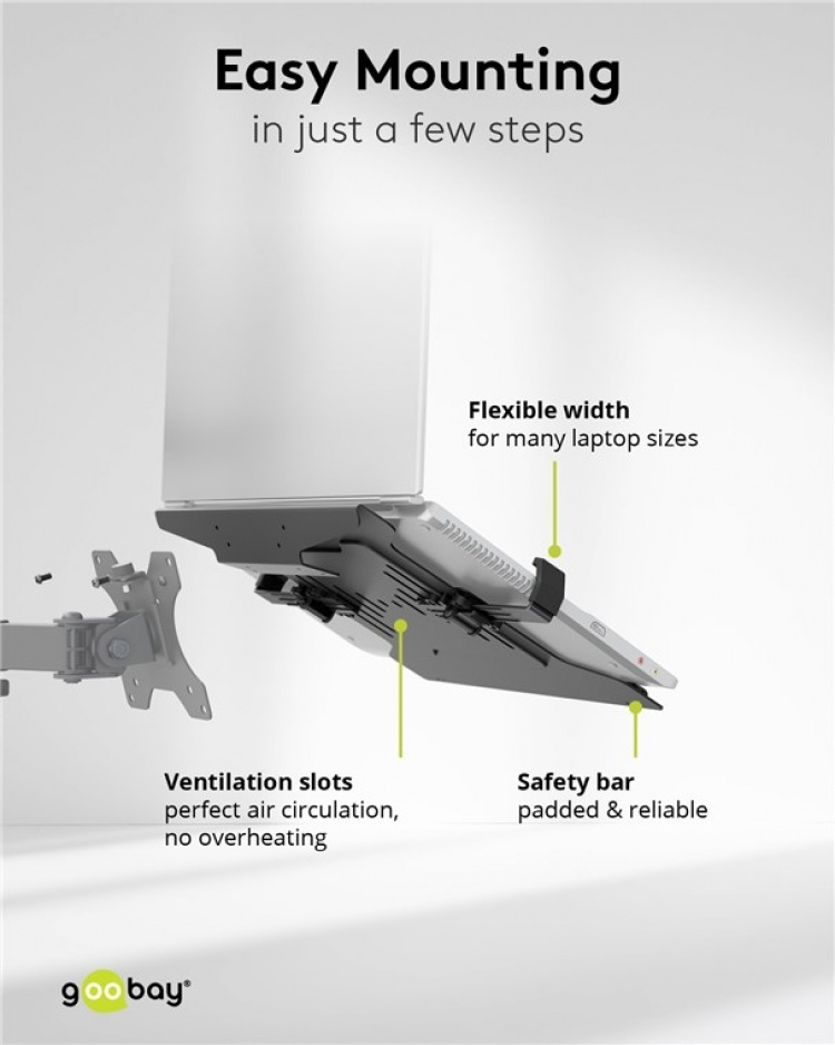 Goobay Laptop-feste for monitorarm, svart, for bærbare datamaskiner fra 10 til 15,6 tommer (25 - 40 cm), maks. 4,5 kg, for montering på en skjermbrakett Goobay Laptop-feste for monitorarm, svart, for bærbare datamaskiner fra 10 til 15,6 tommer (25 - 40 cm), maks. 4,5 kg, for montering på en skjermbrakett
