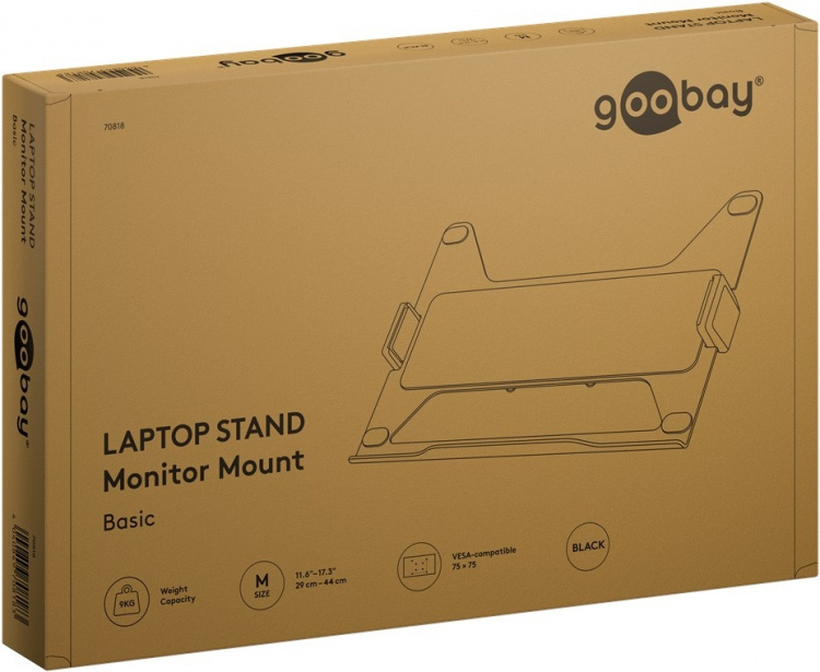 Goobay Deluxe laptop-feste for monitorarm, svart, for bærbare datamaskiner fra 11,6 til 17,3 tommer (29 - 44 cm), maks. 9 kg, for montering på en skjermbrakett