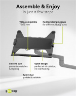 Goobay Deluxe laptop-feste for monitorarm, svart, for bærbare datamaskiner fra 11,6 til 17,3 tommer (29 - 44 cm), maks. 9 kg, for montering på en skjermbrakett