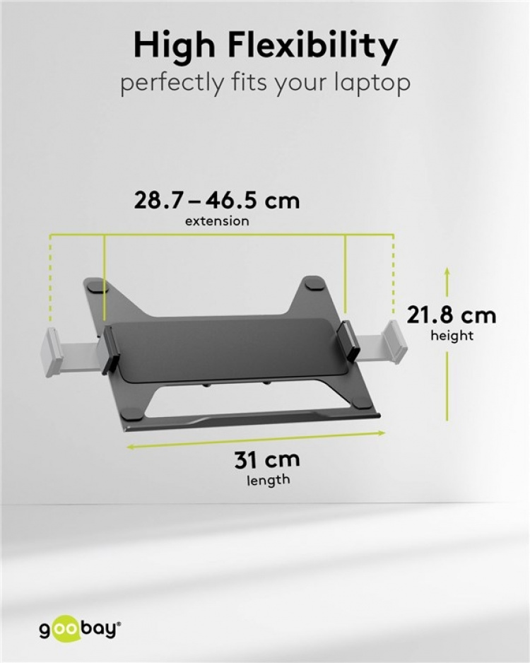 Goobay Deluxe laptop-feste for monitorarm, svart, for bærbare datamaskiner fra 11,6 til 17,3 tommer (29 - 44 cm), maks. 9 kg, for montering på en skjermbrakett