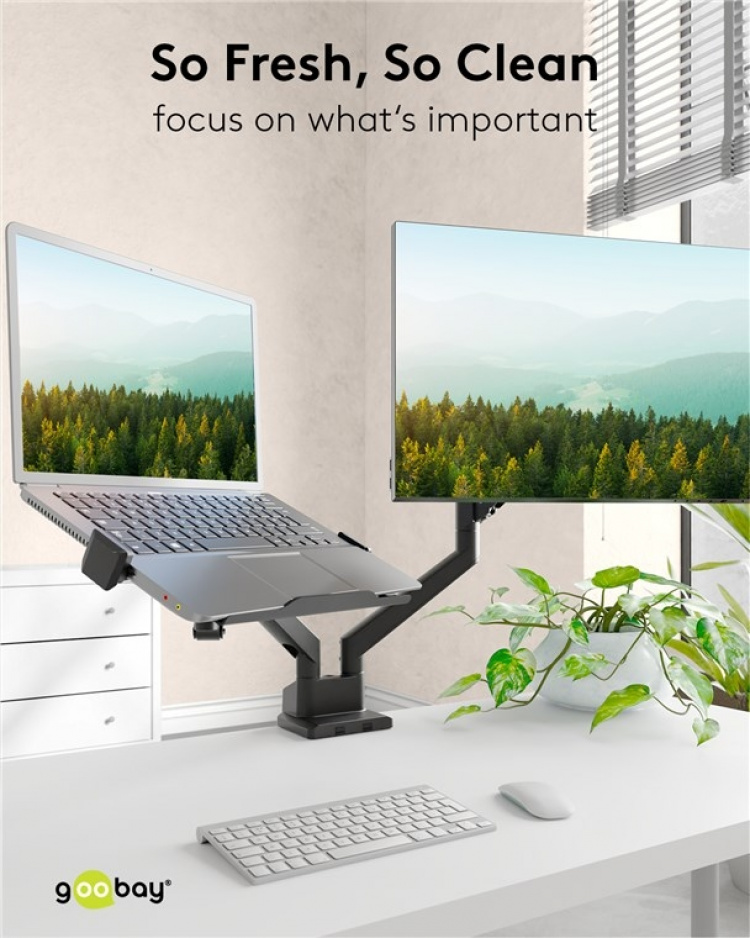 Goobay Deluxe laptop-feste for monitorarm, svart, for bærbare datamaskiner fra 11,6 til 17,3 tommer (29 - 44 cm), maks. 9 kg, for montering på en skjermbrakett