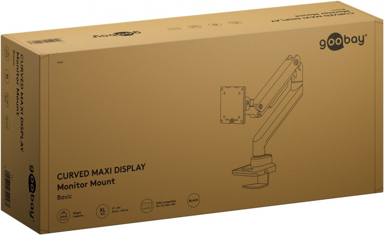 Goobay Enkelt skjermfeste Gaming med gassfjær, svart for XL-skjermer fra 17 til 49 tommer (43 - 124 cm), maks. 20 kg, kraftig feste for tunge gaming- og buede skjermer, enkel snap-in-montering av armene