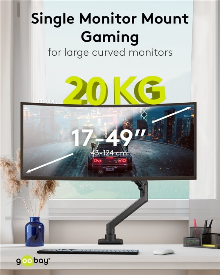 Goobay Enkelt skjermfeste Gaming med gassfjær, svart for XL-skjermer fra 17 til 49 tommer (43 - 124 cm), maks. 20 kg, kraftig feste for tunge gaming- og buede skjermer, enkel snap-in-montering av armene